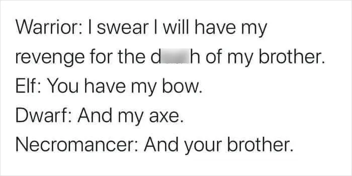 Fantasy meme with warrior, elf, dwarf, and necromancer dialogue