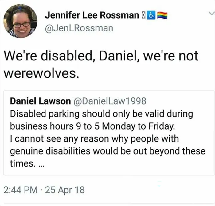 Tweet sarcastically replying to disabled parking restriction suggestions comparing disabilities to werewolves