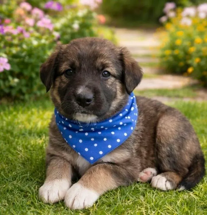 A cute rescued puppy with a blue polka dot bandana lying on the grass, from All Sato Rescue