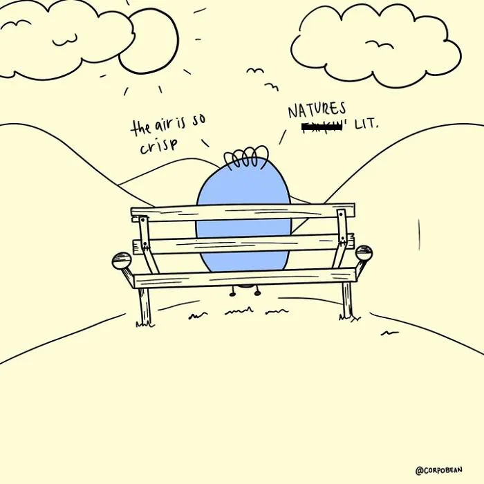 A blue bean character enjoying crisp air on a bench in nature, highlighting work struggles by Corpo Bean