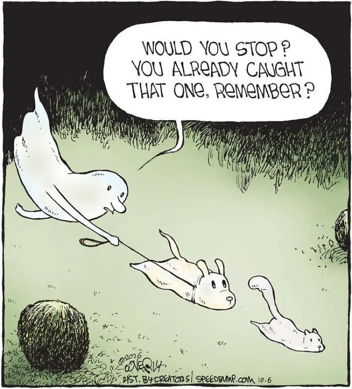 A Speed Bump comic showing a ghost dog on a leash chasing a ghost squirrel.