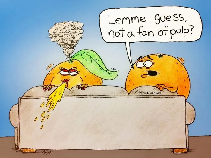 Funny comics featuring food with orange characters on a couch talking about pulp.