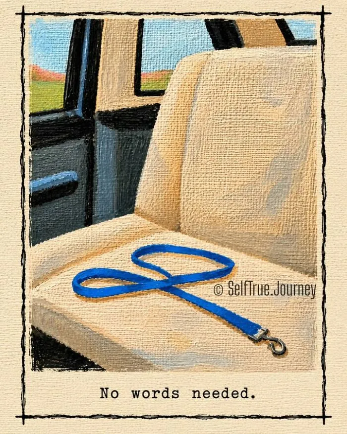 An empty car seat with a blue leash, capturing the painful reality of losing a beloved dog.