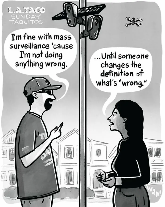 Cartoon on mass surveillance and changing definitions of wrongdoing by Ivan Ehlers
