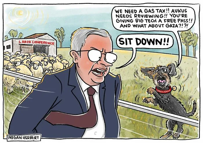 Political cartoon by cartoonist showing a man shouting sit down at a barking dog labeled conscience