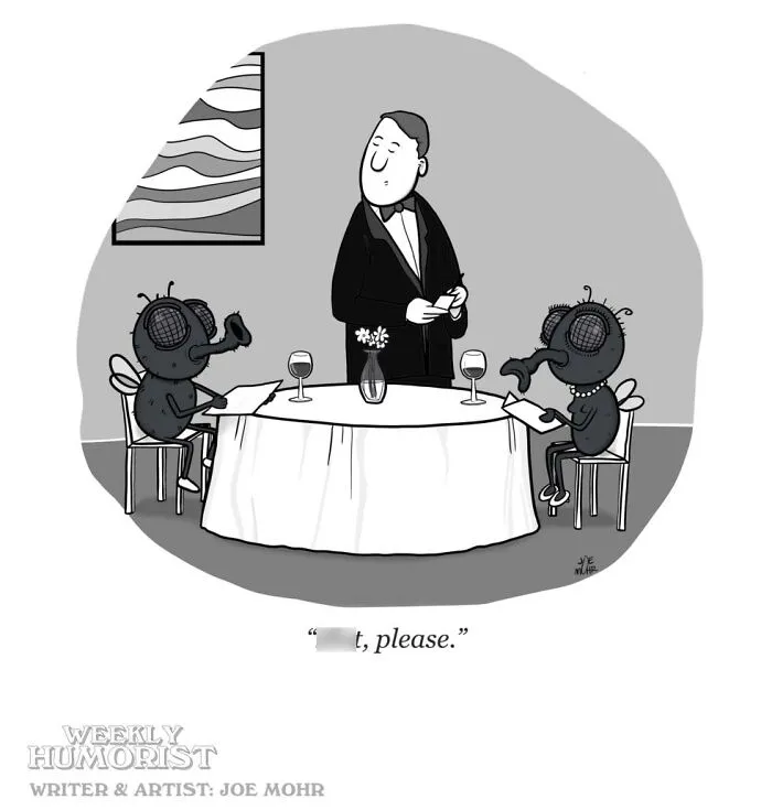 Cartoon of flies dining in a restaurant ordering with dark humor