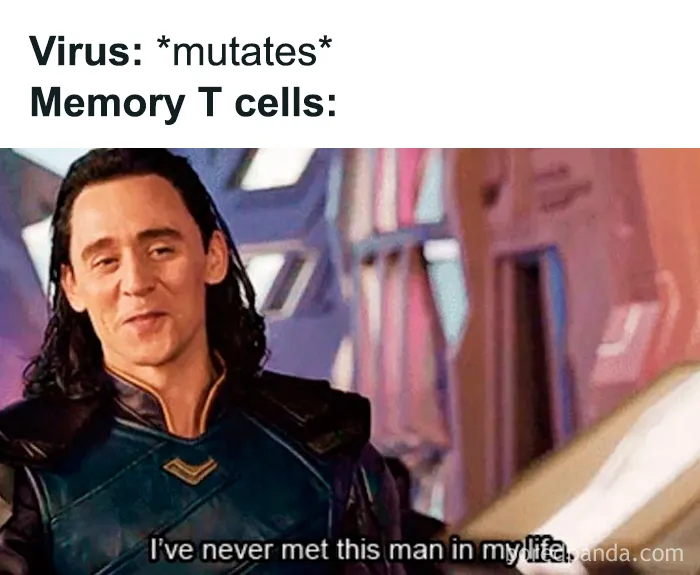 Funny biology meme about virus mutation and memory T cells with a movie character