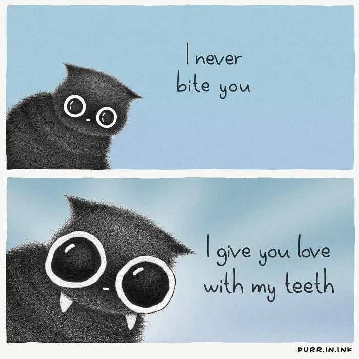 Cute cat illustrations by Luis Coelho showing a wide-eyed black cat expressing love with its small fangs.