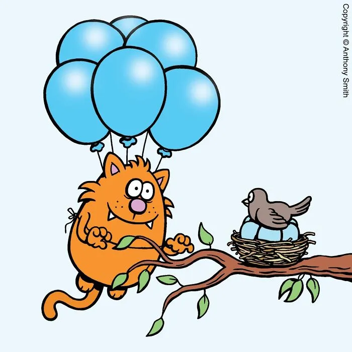 Funny cat comics image featuring an orange cat floating with blue balloons to visit a bird sitting in its nest.