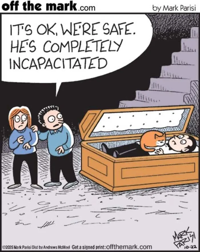 Halloween comics by Mark Parisi featuring a cat sleeping on a vampire in a coffin to incapacitate him.