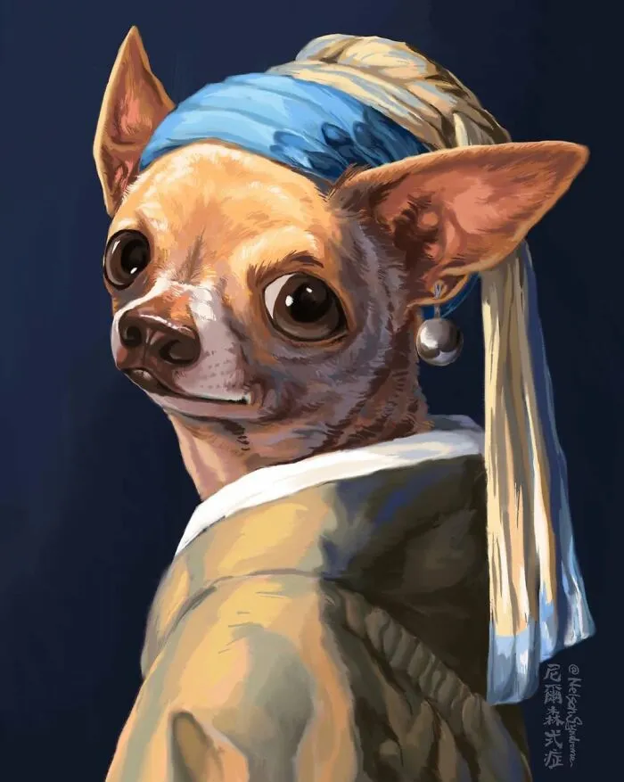 Nelson Syndrome parodies Girl with a Pearl Earring featuring a brown chihuahua
