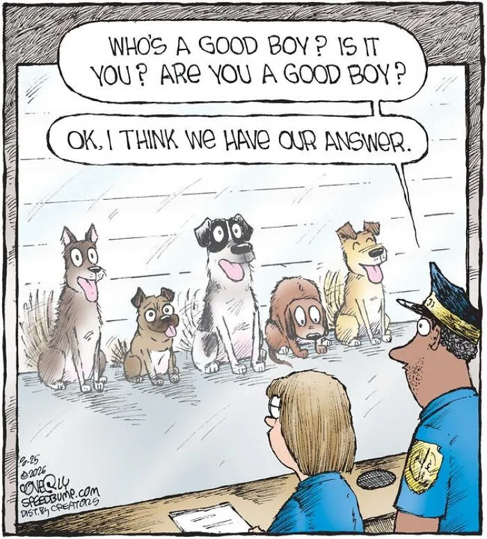 A Speed Bump comic depicting dogs in a police lineup while an officer asks who is a good boy.
