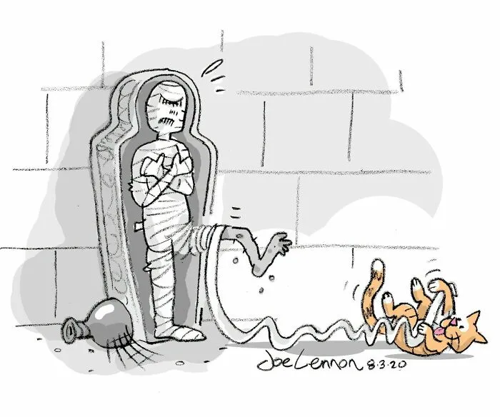 Mummy stuck in a coffin watching cat tangled in bandages in Halloween comic