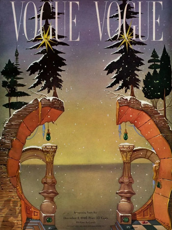 A surreal vintage Vogue cover featuring a winter landscape with pine trees and stone arches.