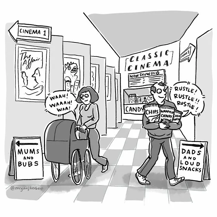 Cartoonist comic depicting a cinema hallway split between noisy kids and loud snacks dads