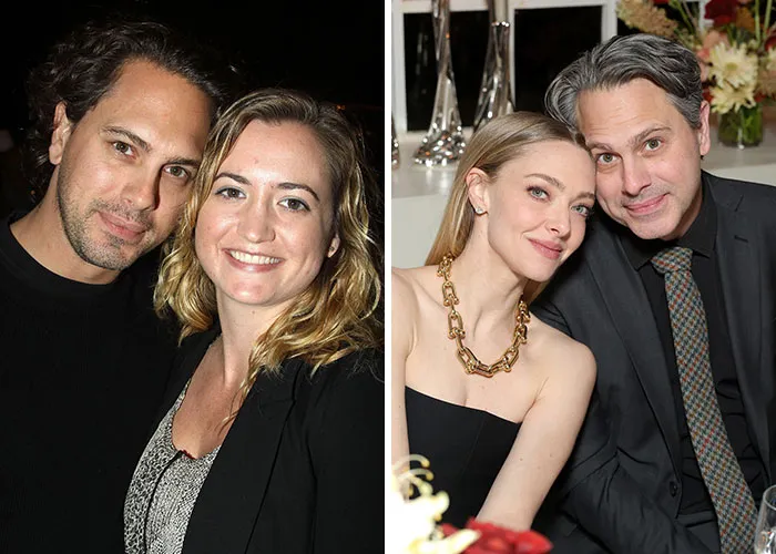 Hollywood couple posing closely at a public event with photographers in background