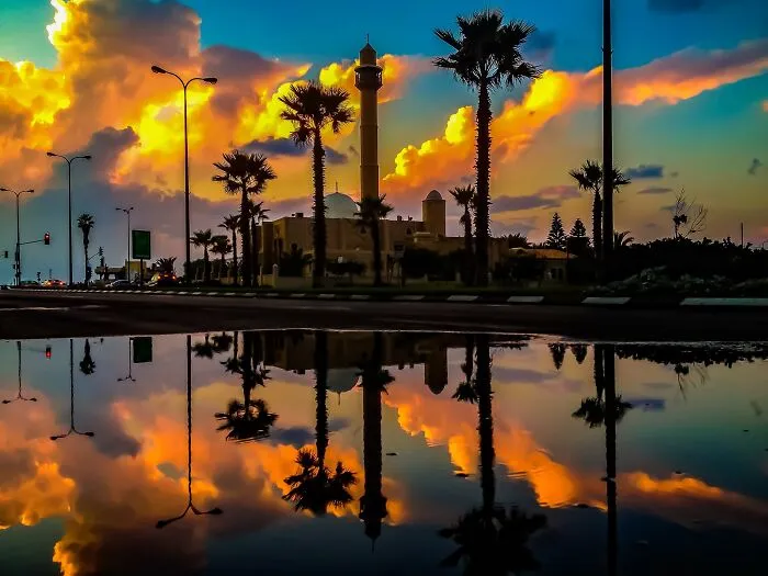 Sunset skyline with palm trees and mosque reflecting in water iPhone shot