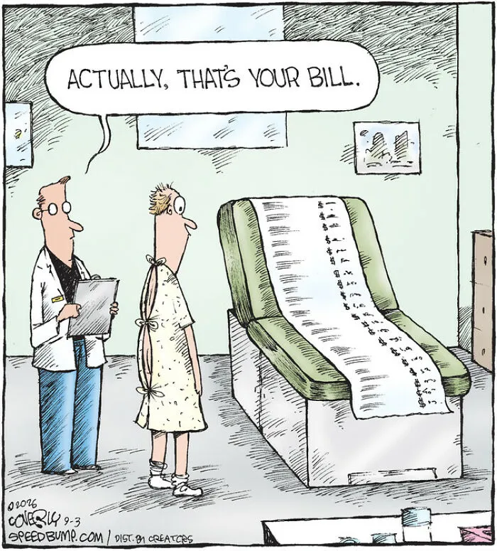 A funny Speed Bump comic depicting a doctor giving a patient an extremely long bill on an examination table.