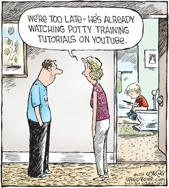A Speed Bump comic depicting parents watching their toddler learn potty training from a phone video.