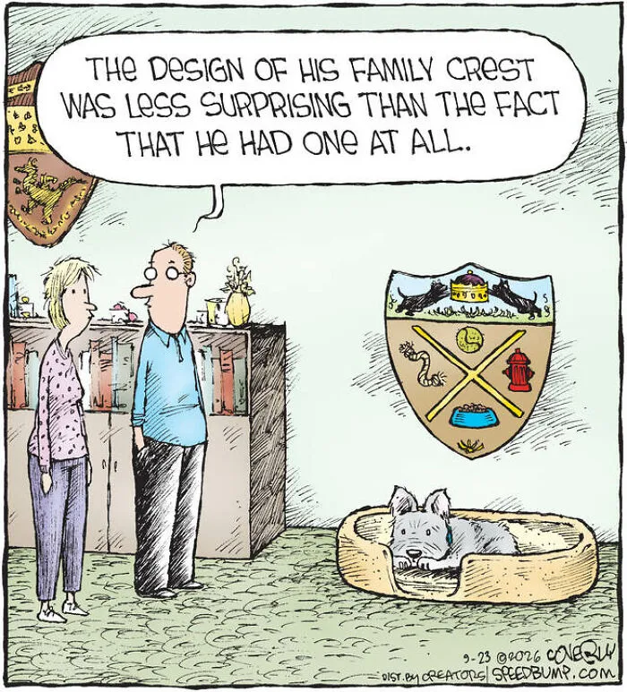 A Speed Bump comic showing a couple looking at a detailed dog family crest mounted on their living room wall.