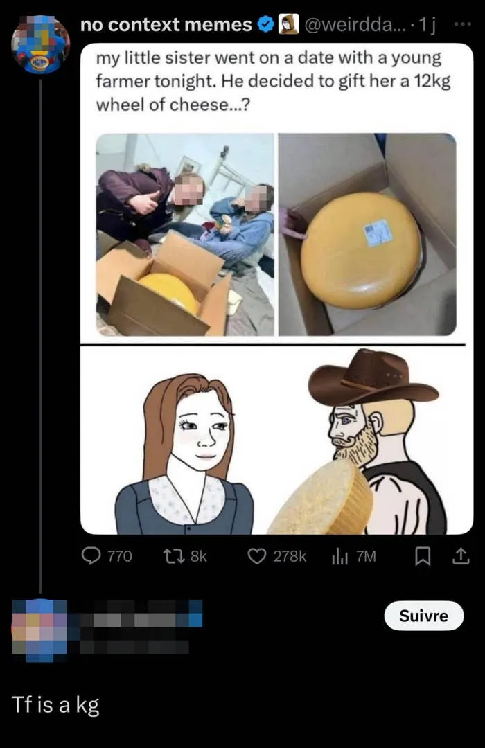 Meme about a farmer gifting cheese with a comment asking what a kg is, showcasing freedom of speech.