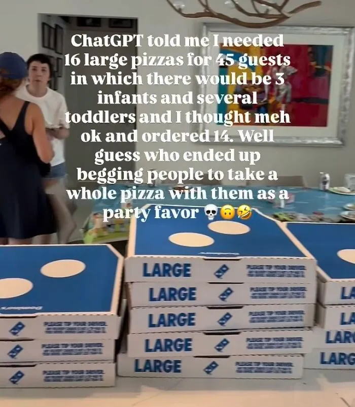 Stack of large pizza boxes and story about ordering pizzas for party in financial dystopia
