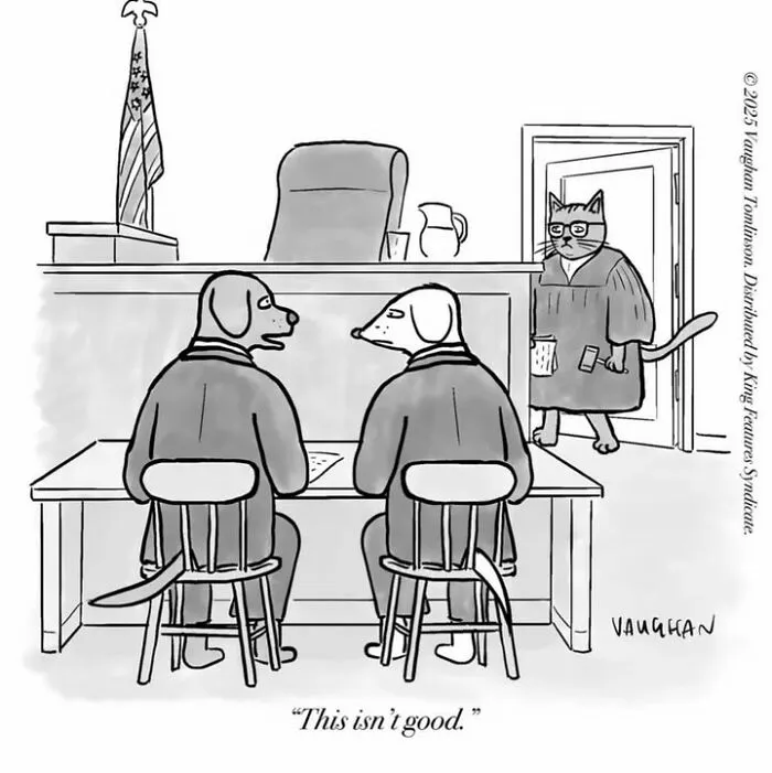Courtroom scene with dog defendants and a cat judge in comedy comic