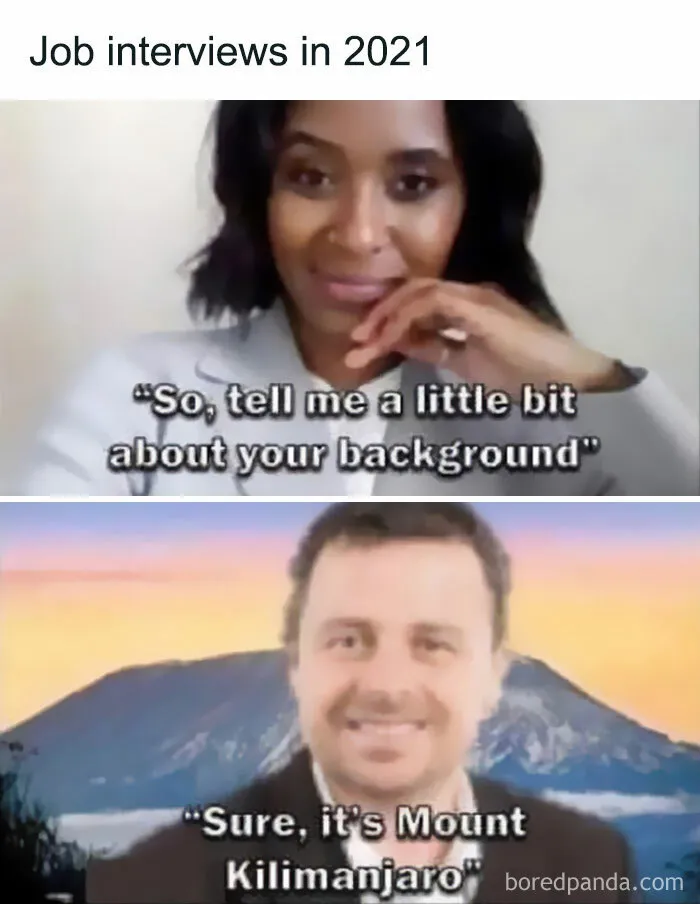 Job interview meme with a joke about Mount Kilimanjaro background