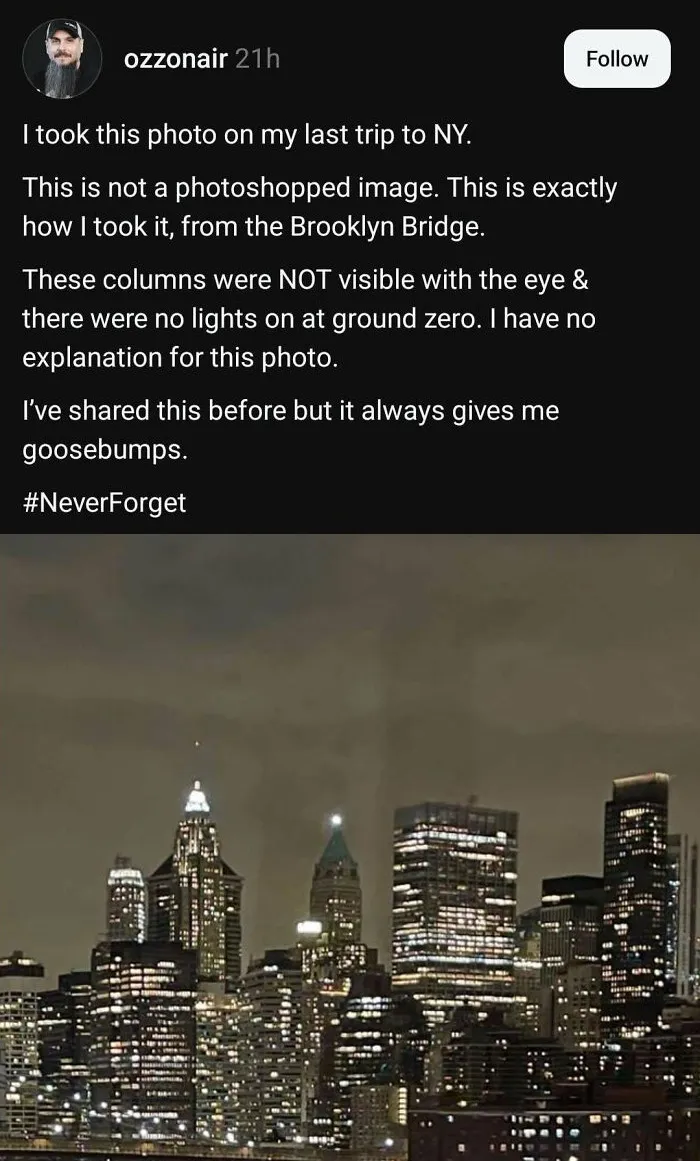 Nighttime city skyline photo uploaded social media post showing mysterious illuminated towers