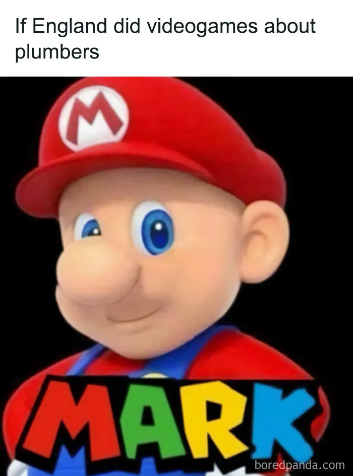 A funny illustration of Mario redesigned as a British plumber named Mark, representing British memes
