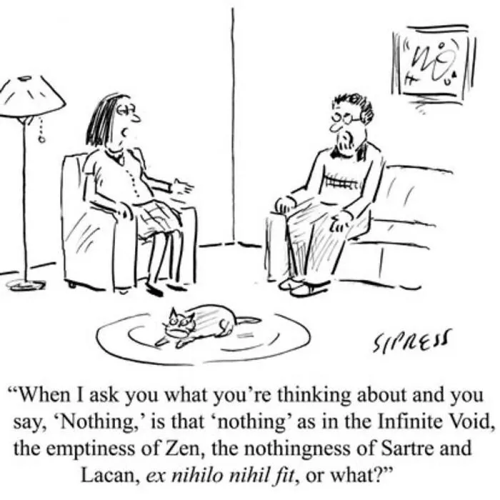 A New Yorker veteran cartoon depicting a woman asking a man about the philosophical meaning of nothing