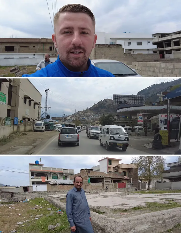 Travel blogger filming in urban street and local market during dark tourism trip