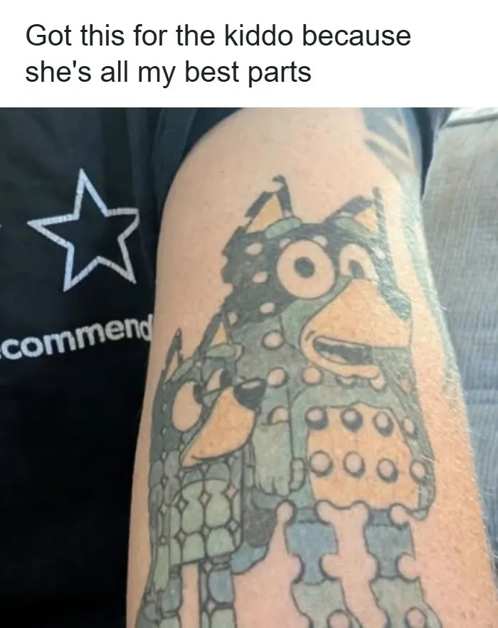 A funny tattoo of Bluey characters, an art project that looks very unusual.