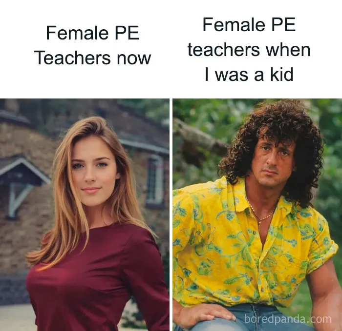 Meme comparing female PE teachers now and in the past with different photos