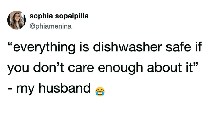 Humorous marriage tweets featuring a funny quote from a husband about using the dishwasher.