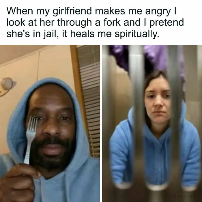 A man looking through a fork to make funny pics of his girlfriend in fake jail