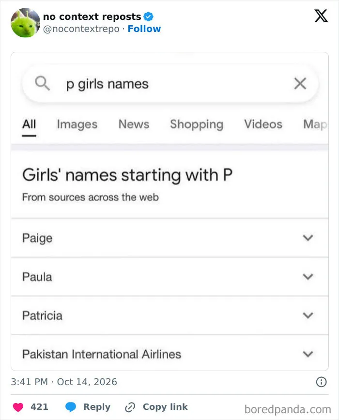 Search results meme for girls names starting with P includes Pakistan International Airlines