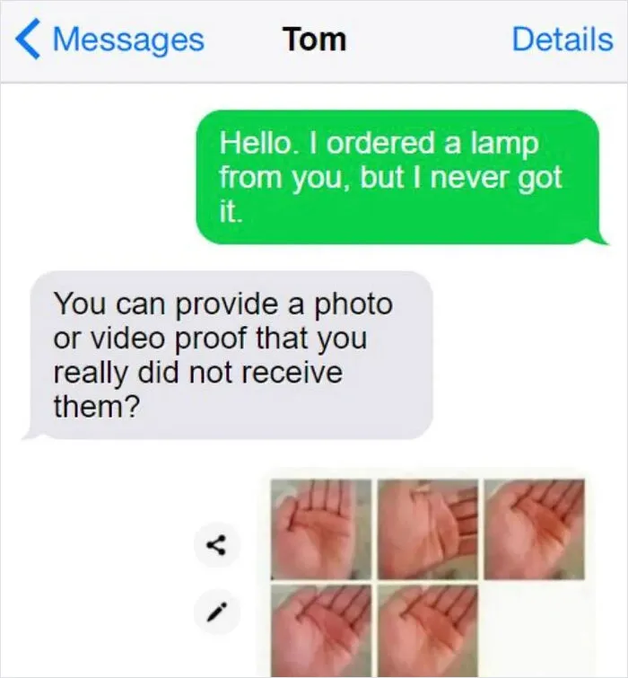 Text conversation meme about not receiving an ordered lamp with photo proof