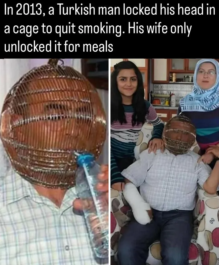 A man wearing a metal cage on his head from fascinating photos and facts about history