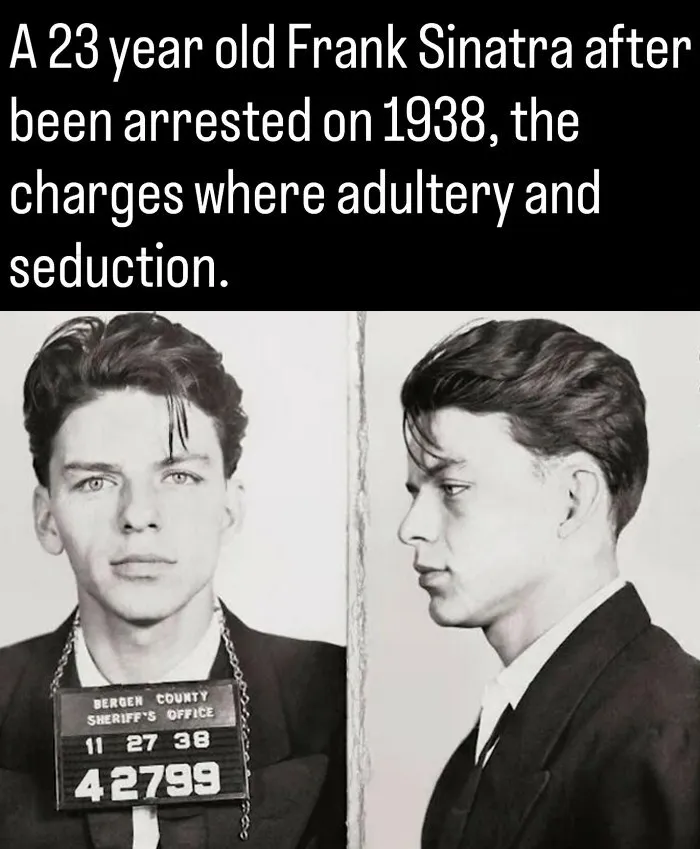Young Frank Sinatra 1938 mugshot photo featured in fascinating photos and facts about history.