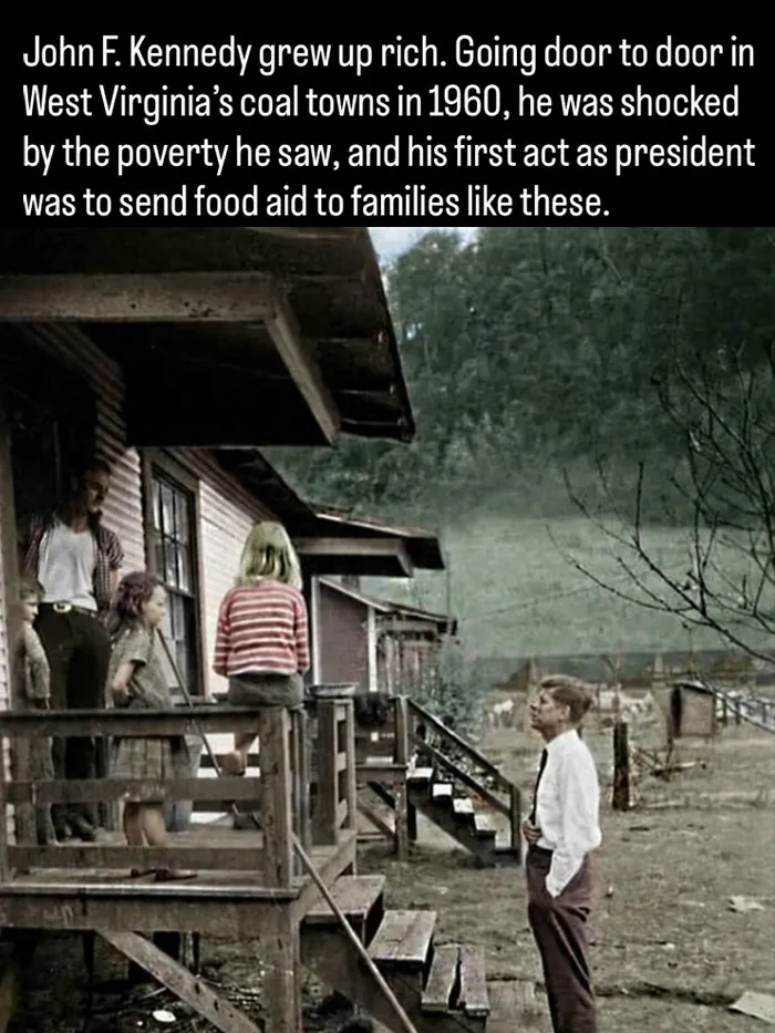 Historical photo of John F. Kennedy visiting a family, showcasing fascinating photos and facts about history.