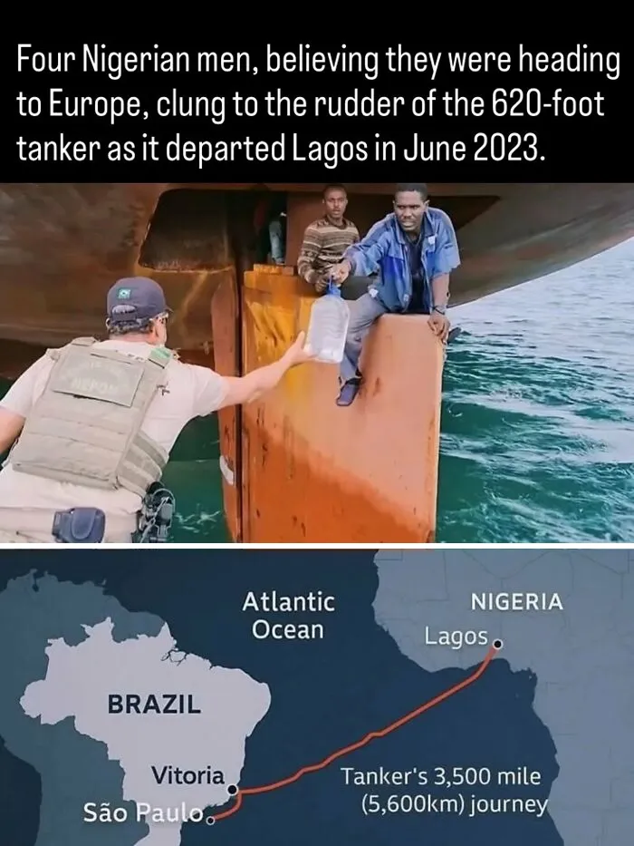 Rescuers giving water to stowaways on a ship rudder, one of many fascinating photos and facts about history.