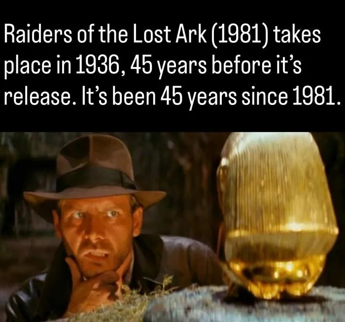 Harrison Ford as Indiana Jones examining a golden idol, one of many fascinating photos and facts about history.