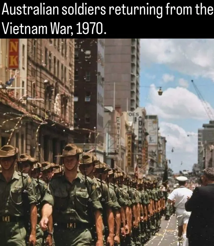 Australian soldiers marching in a parade in 1970, featured in fascinating photos and facts about history.