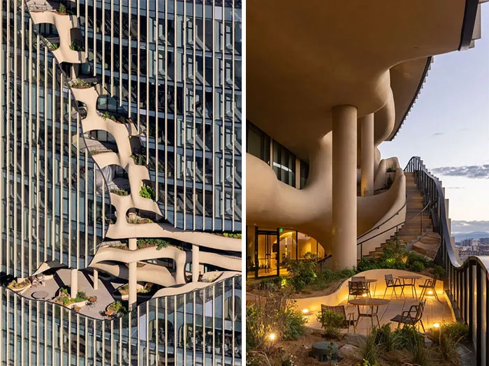 Futuristic skyscraper design showcasing organic architectural masterpieces with curved balconies and outdoor terraces.