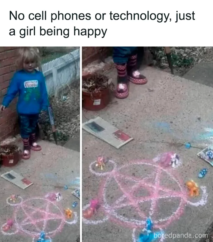 Relatable memes post showing a young girl standing over a chalk pentagram with toys.