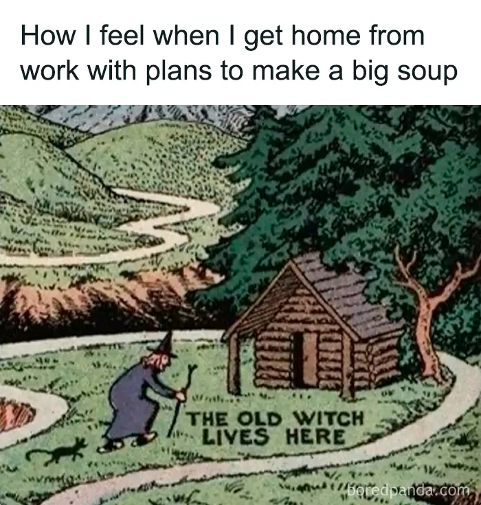 Illustration of a witch cottage representing relatable memes about making soup.