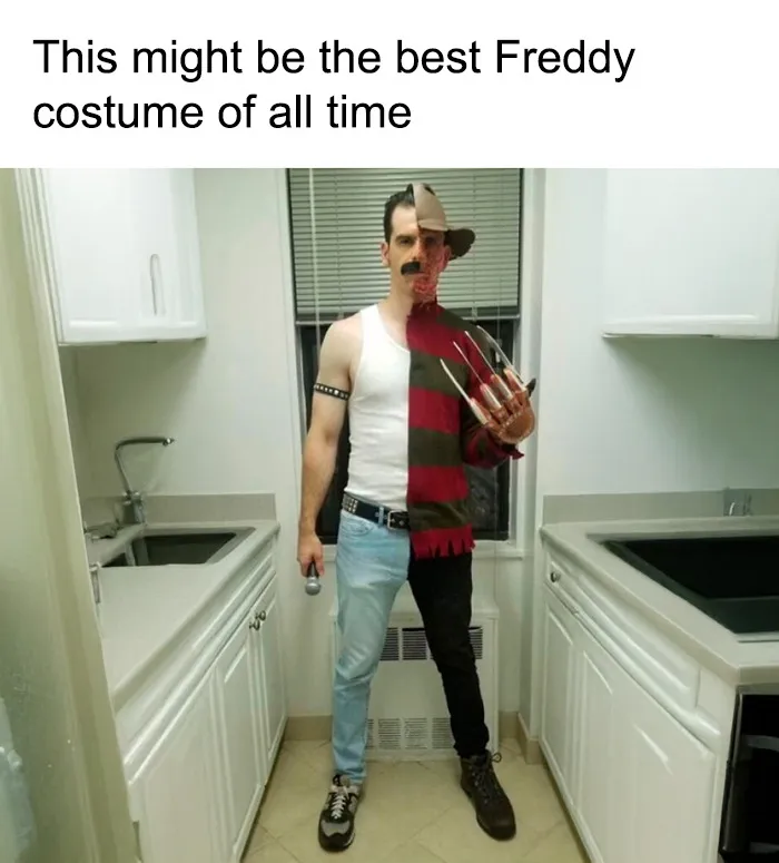 Spooky Halloween memes showing a split costume combining Freddie Mercury and Freddy Krueger.
