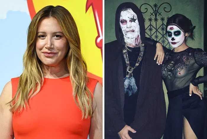 Ashley Tisdale smiling and dressed in sugar skull Day of the Dead face paint, famous celebrities Halloween costumes.