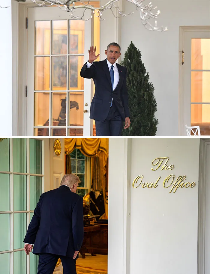Side-by-side photos showing Obama waving outdoors and Trump walking into the Oval Office.